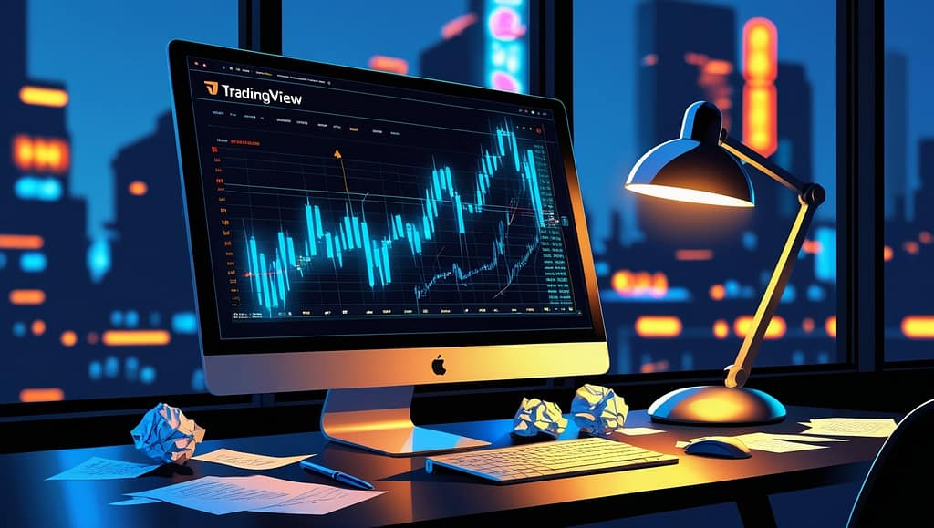 A modern office setup at night with a large desktop monitor displaying TradingView's advanced charting tools. The screen shows vibrant blue candlestick charts, signifying market trends. The desk is lit by a sleek, adjustable desk lamp, casting a soft glow on scattered papers and crumpled notes, hinting at a long night of trading analysis. Outside the window, the city skyline is alight with neon hues, reflecting a bustling urban atmosphere.