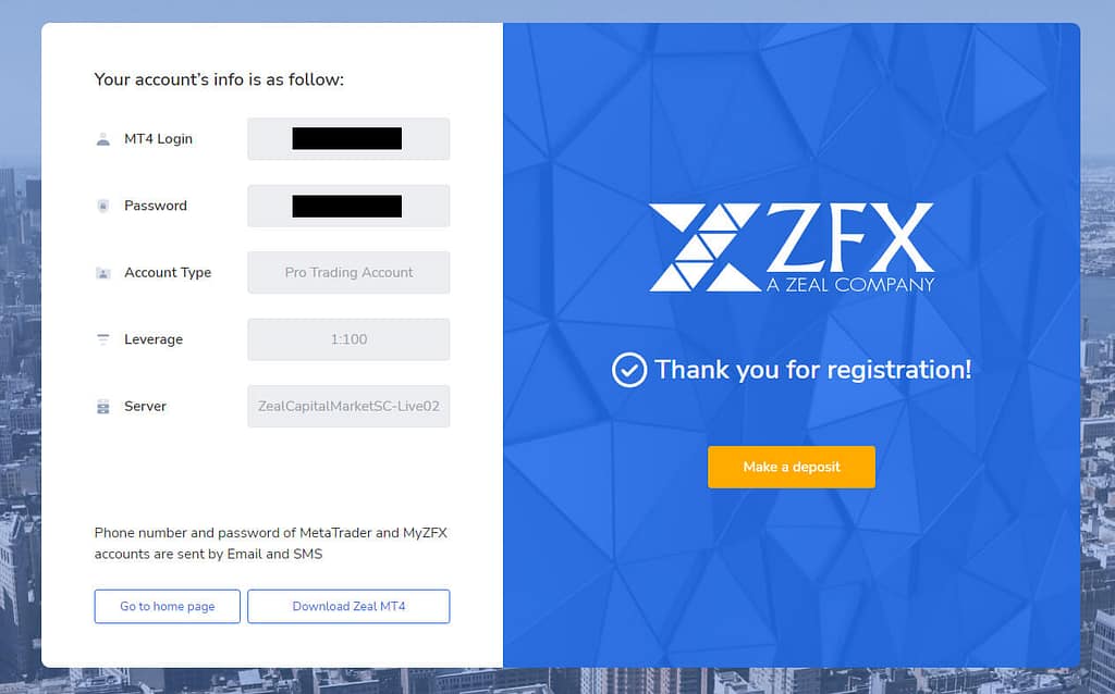 ZFX signup details for MT4