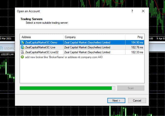 ZFX MetaTrader 4 server selection prompt