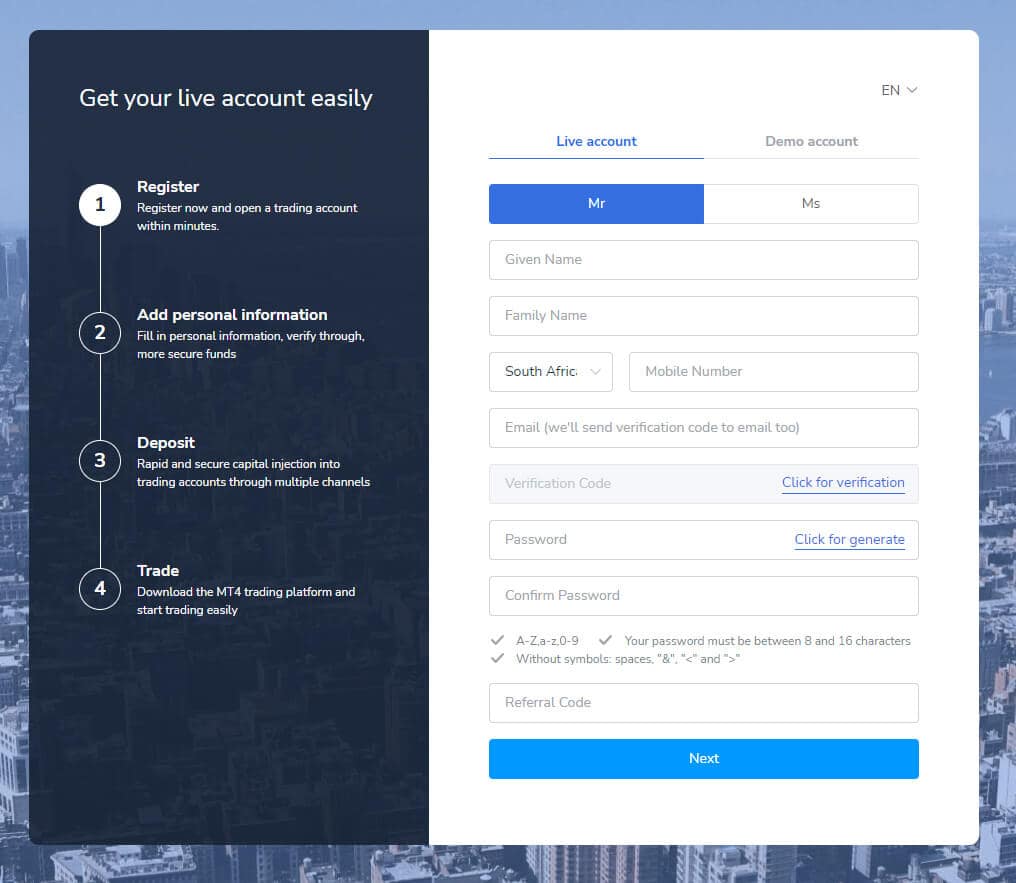 ZFX registration page