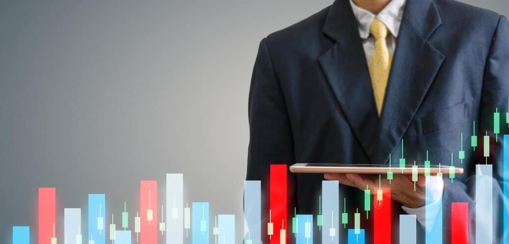 man in suit with volume indicator in forefront