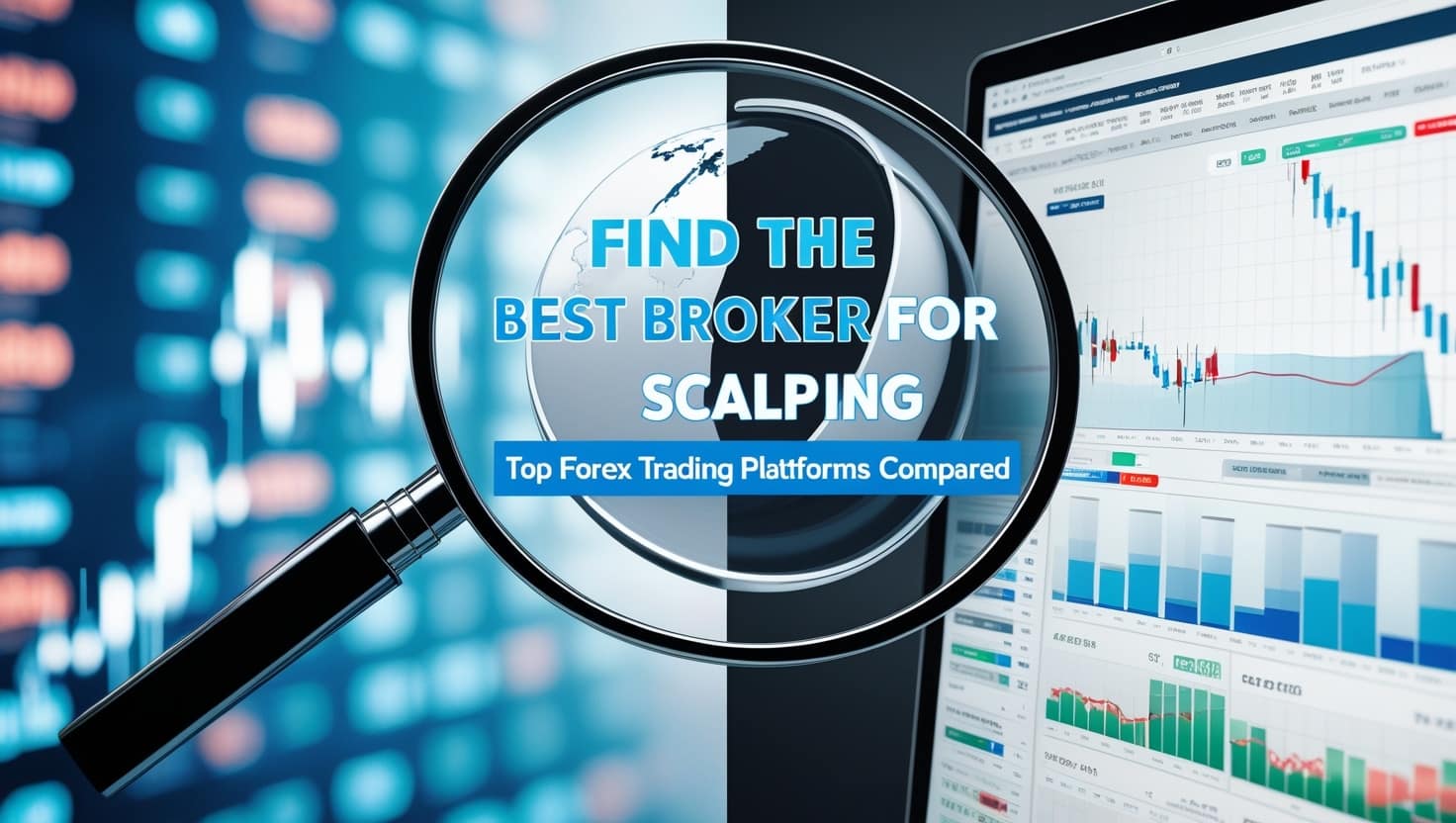 A digital composite image featuring a magnifying glass centered over the text 'FIND THE BEST BROKER FOR SCALPING' on a globe background. To the left, a vibrant display of stock market data on a blue backdrop, and to the right, a detailed view of a trading platform interface showing various currency pairs and their performance charts. The banner reads 'Top Forex Trading Platforms Compared', emphasizing a focus on finding the best broker for scalping strategies.