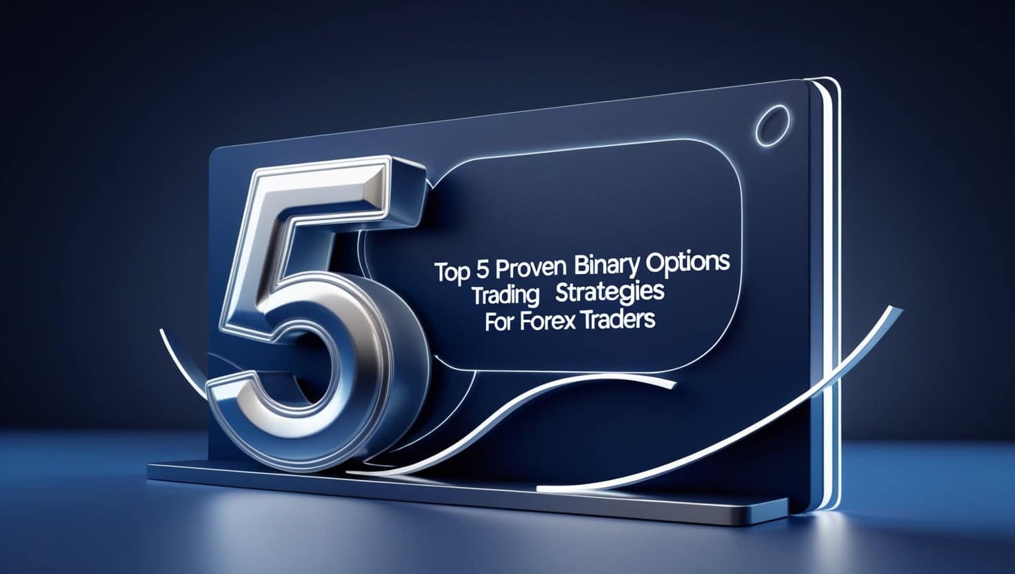 A futuristic, high-contrast digital banner displaying the text 'Top 5 Proven Binary Options Trading Strategies for Forex Traders' in bold, illuminated typography. The large metallic number '5' is prominently featured in the foreground, symbolizing the five best binary options trading strategies. The background consists of a sleek, dark blue and silver theme with neon-like light accents, giving the image a modern and technology-driven feel. The design conveys a professional and sophisticated approach to binary options trading, appealing to forex traders seeking profitable strategies.