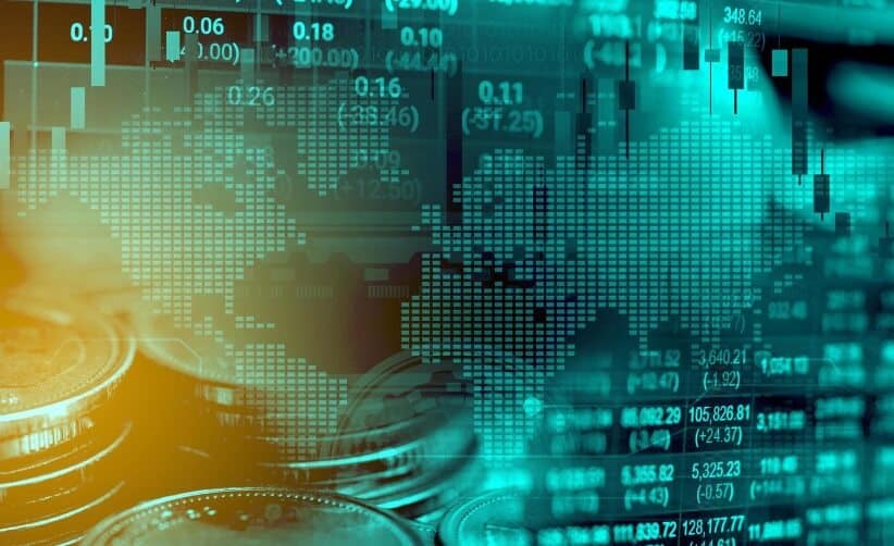 light blue price chart and coins overlay