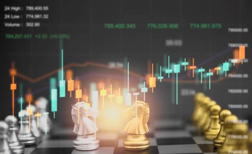 chess pieces and overlaid forex chart