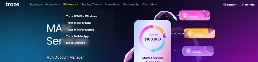 Traze Trading Platforms menu