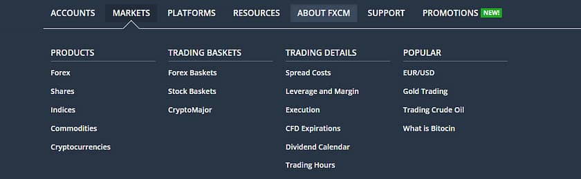 FXCM Tradable Assets menu