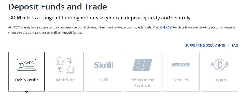 FXCM Deposit methods