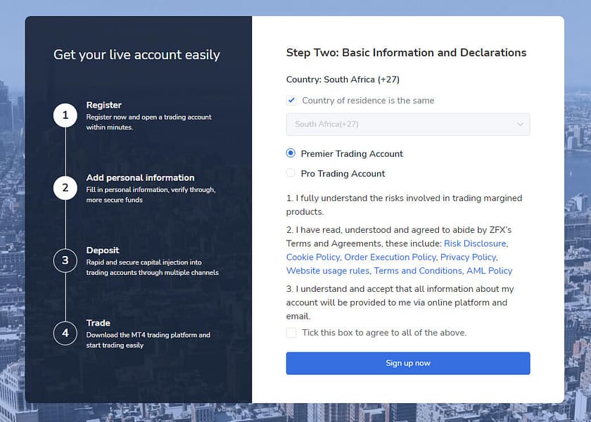 ZFX account selection page