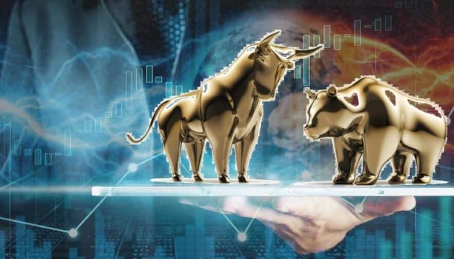 bull and bear fighting with forex chart in background