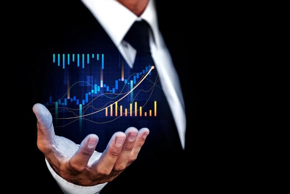 person holding a virtual forex yellow chart