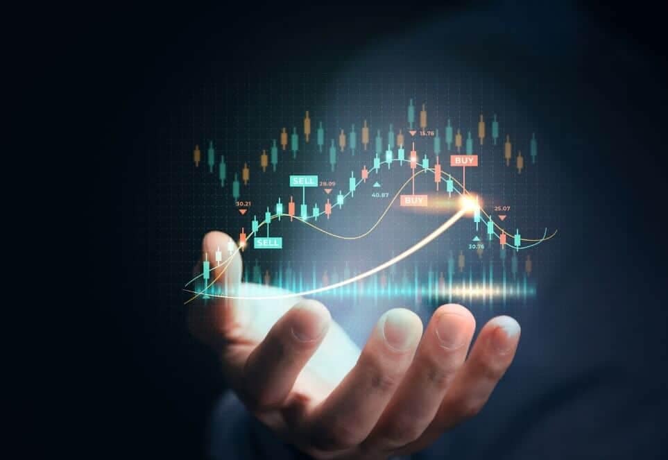 Hand holding virtual forex chart